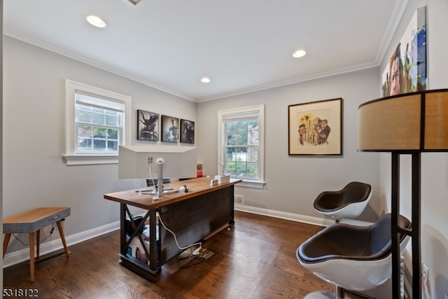 home office featuring plenty of natural light, dark hardwood / wood-style floors, and ornamental molding