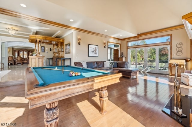 game room with ornamental molding, french doors, hardwood / wood-style flooring, and billiards