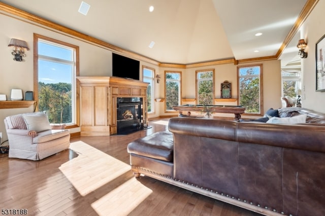 living room with crown molding, high vaulted ceiling, and hardwood / wood-style floors