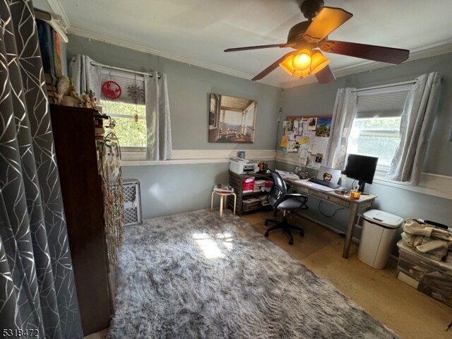 home office with ornamental molding and a ceiling fan