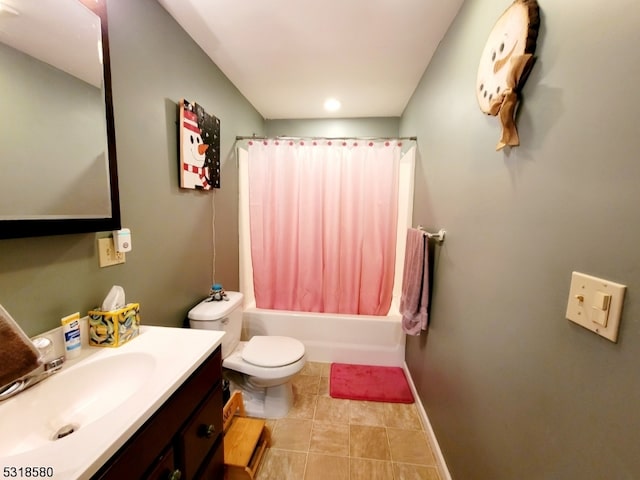 full bathroom with toilet, vanity, and shower / bath combination with curtain