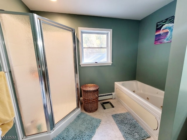 bathroom with shower with separate bathtub, tile patterned floors, and a baseboard heating unit