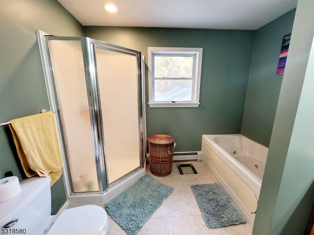 bathroom with toilet, separate shower and tub, tile patterned floors, and a baseboard heating unit