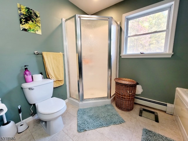 bathroom with a baseboard radiator, tile patterned floors, toilet, and a shower with shower door