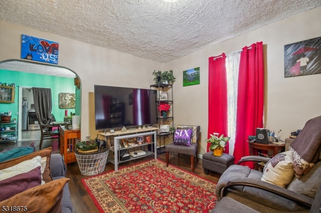 living room with hardwood / wood-style floors and a textured ceiling