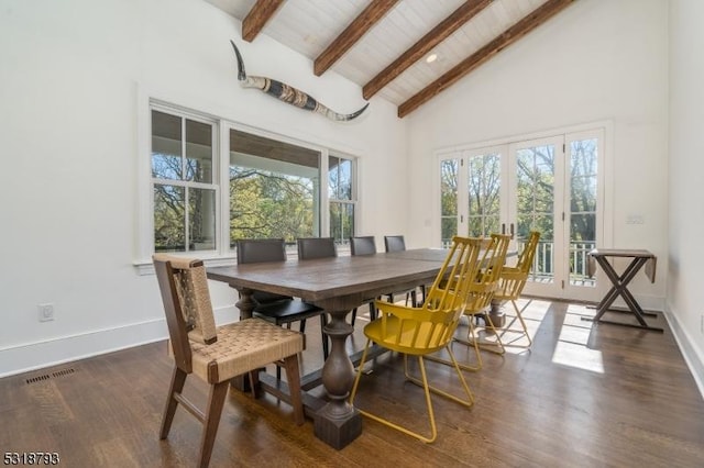 dining room featuring wood finished floors, visible vents, beam ceiling, baseboards, and high vaulted ceiling