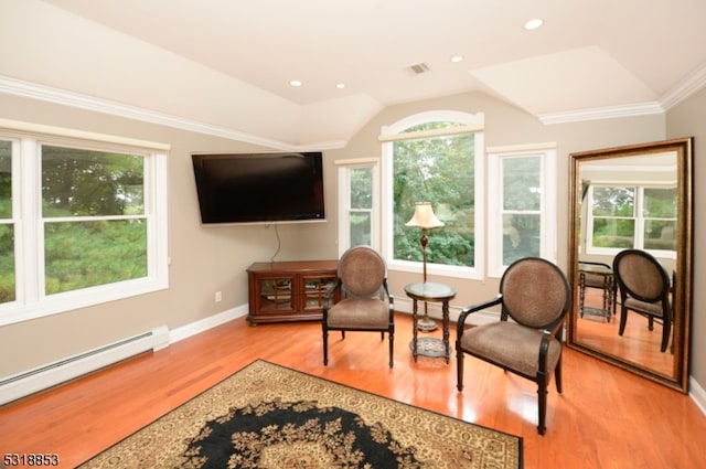 living area with a baseboard radiator, light hardwood / wood-style flooring, crown molding, and vaulted ceiling