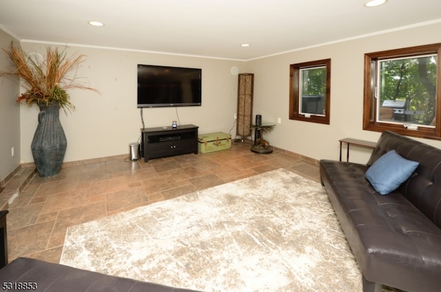 living room featuring crown molding