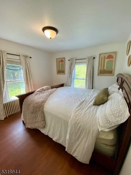 bedroom featuring radiator and dark wood-type flooring