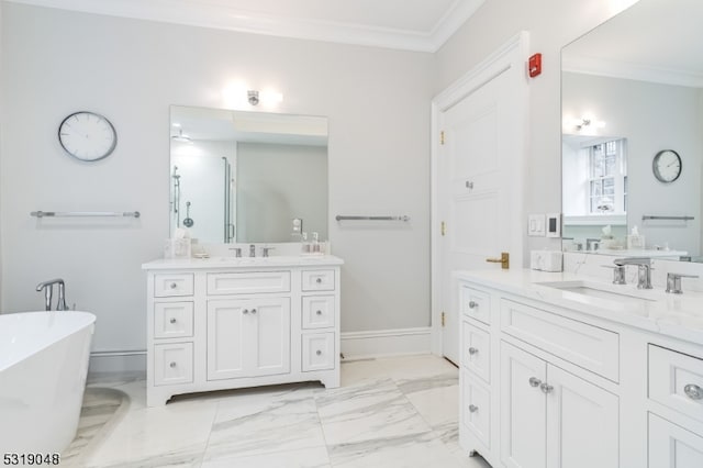 bathroom with vanity, crown molding, and a bathtub