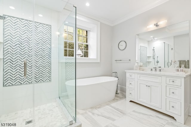 bathroom featuring vanity, crown molding, and independent shower and bath