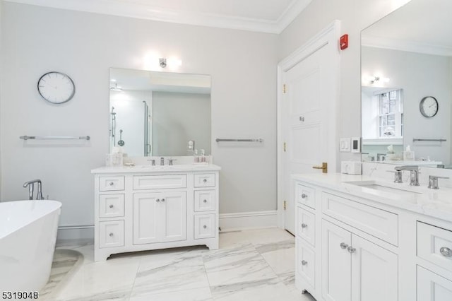 80 Claremont Rd Unit 802, Bernardsville Boro, NJ 07924 - full bathroom with two vanities, crown molding, a freestanding tub, and a sink