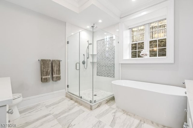 80 Claremont Rd Unit 802, Bernardsville Boro, NJ 07924 - full bath featuring a shower stall, marble finish floor, a freestanding bath, toilet, and recessed lighting