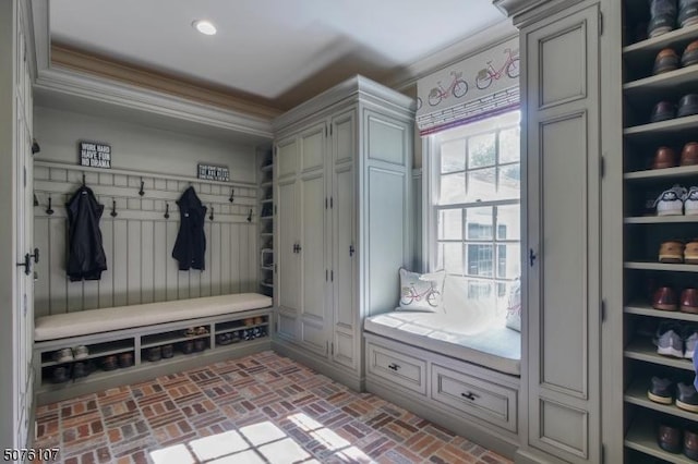3 Winston Farm Ln, Mendham Twp, NJ 07931 - mudroom featuring crown molding, brick floors, and recessed lighting