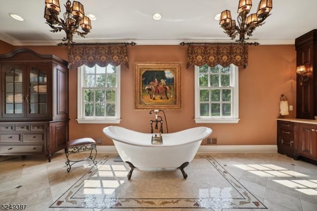 3 Winston Farm Ln, Mendham Twp, NJ 07931 - dining space with a chandelier, baseboards, inlaid floor details, ornamental molding, and recessed lighting