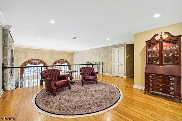 3 Winston Farm Ln, Mendham Twp, NJ 07931 - sitting room with wood finished floors, baseboards, recessed lighting, and crown molding