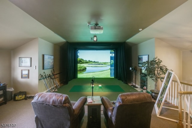 carpeted cinema featuring golf simulator