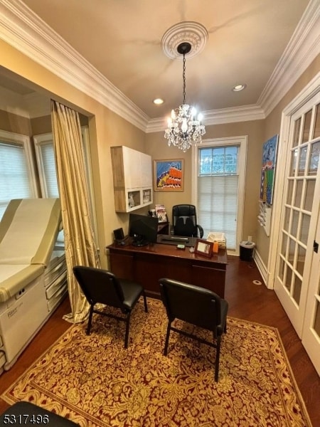 home office featuring a chandelier, crown molding, and dark hardwood / wood-style floors