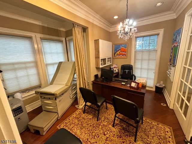 office area with dark wood-type flooring, crown molding, and a notable chandelier