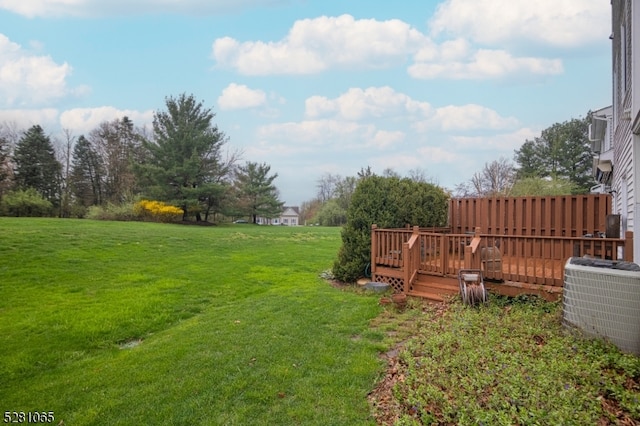 view of yard featuring central AC and a wooden deck