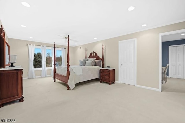 bedroom with light carpet, baseboards, and recessed lighting