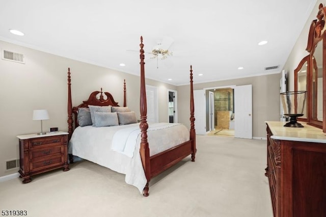 bedroom featuring recessed lighting, visible vents, and light colored carpet