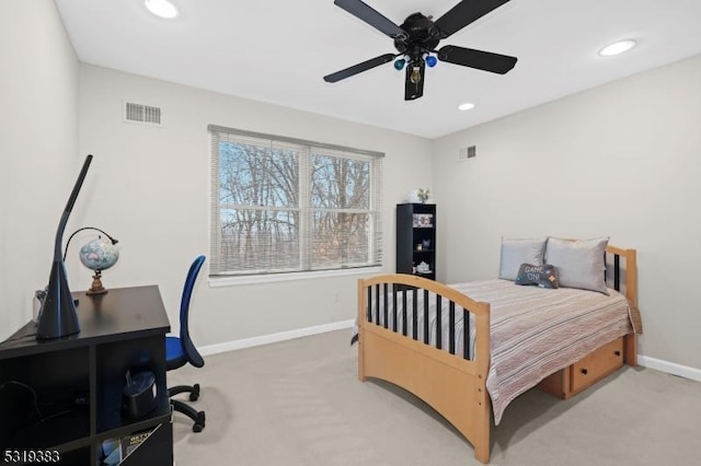 bedroom featuring baseboards, recessed lighting, visible vents, and light colored carpet