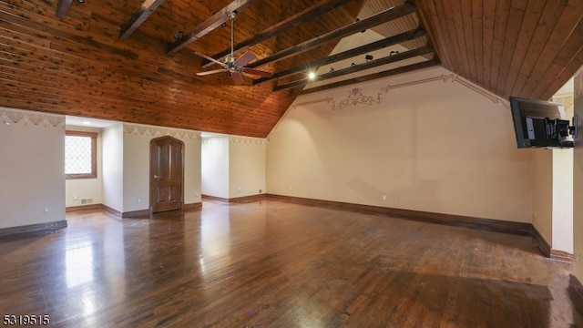 bonus room with wood ceiling, ceiling fan, beamed ceiling, dark wood-type flooring, and high vaulted ceiling