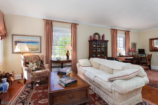 living room with crown molding, wood-type flooring, and a wealth of natural light