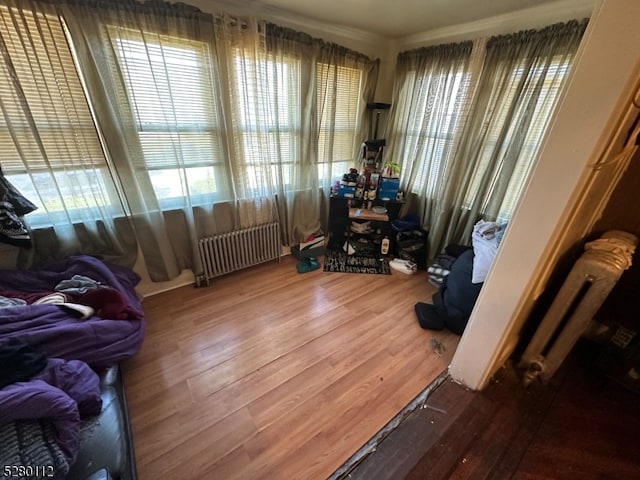 interior space with radiator, ornamental molding, and hardwood / wood-style floors