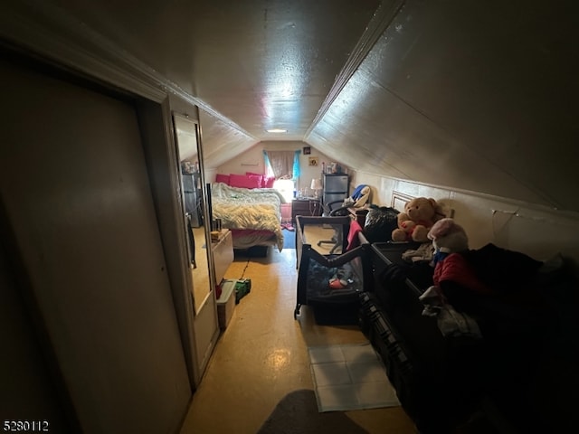 bedroom featuring lofted ceiling