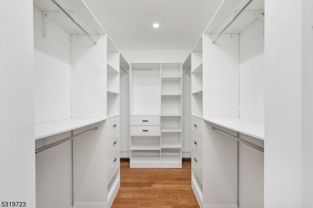 walk in closet with hardwood / wood-style flooring