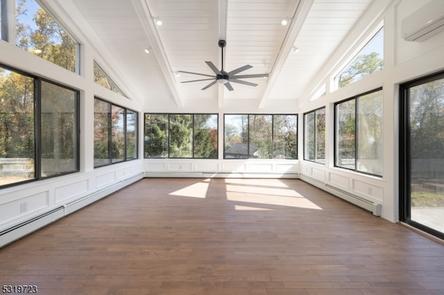 unfurnished sunroom featuring a baseboard radiator, an AC wall unit, lofted ceiling with beams, ceiling fan, and track lighting