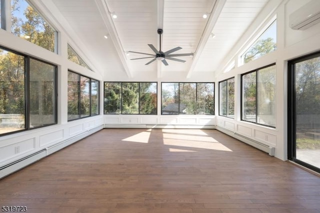 unfurnished sunroom featuring high vaulted ceiling, beamed ceiling, ceiling fan, and an AC wall unit
