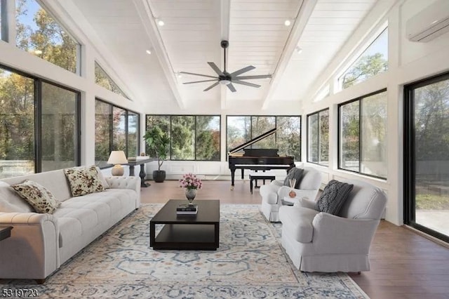 sunroom / solarium featuring high vaulted ceiling, wood finished floors, beamed ceiling, and an AC wall unit