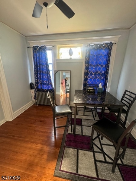 dining room featuring wood-type flooring, radiator, and ceiling fan