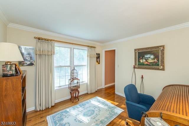 office featuring ornamental molding and light wood-type flooring