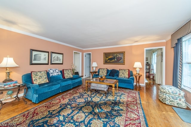 living room featuring ornamental molding and light hardwood / wood-style flooring