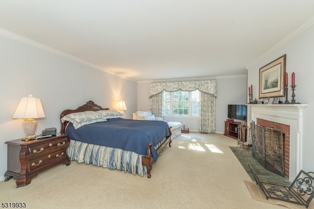 bedroom with carpet flooring, ornamental molding, and a brick fireplace