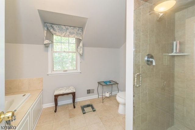 bathroom with independent shower and bath, toilet, and tile patterned flooring