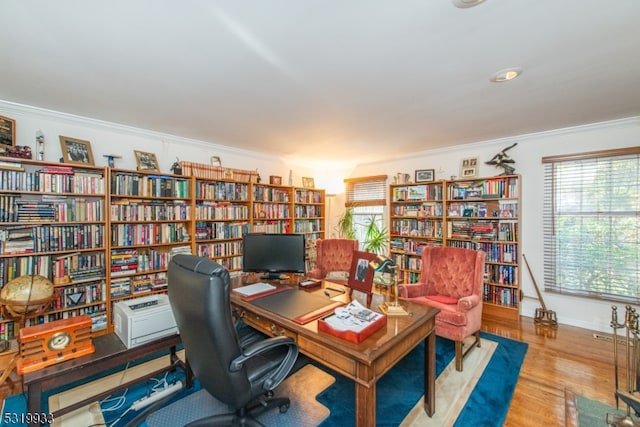 office with crown molding and light wood-type flooring