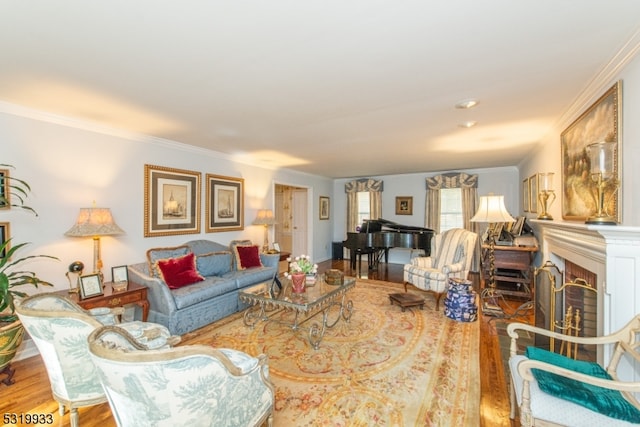 living room featuring ornamental molding, a fireplace, and light hardwood / wood-style floors