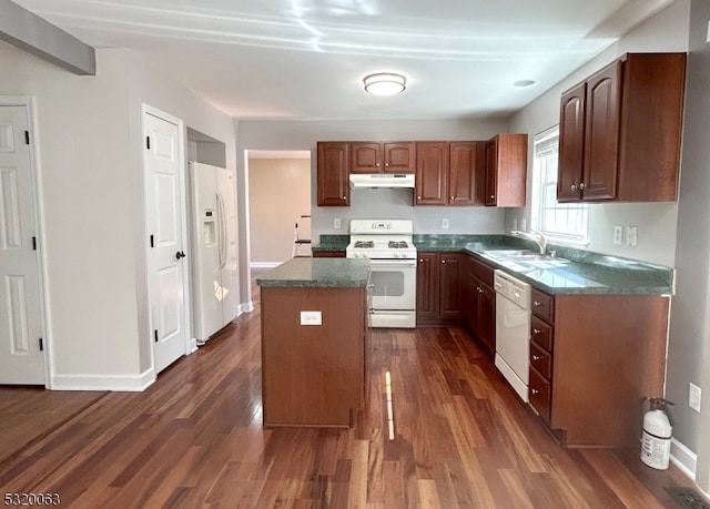 kitchen with sink, dark wood-type flooring, a center island, and white appliances