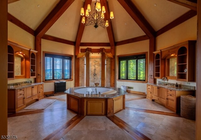 bathroom with a wealth of natural light, vanity, a bathtub, and radiator