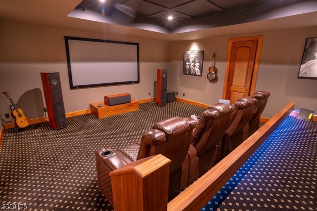 cinema featuring a raised ceiling and carpet