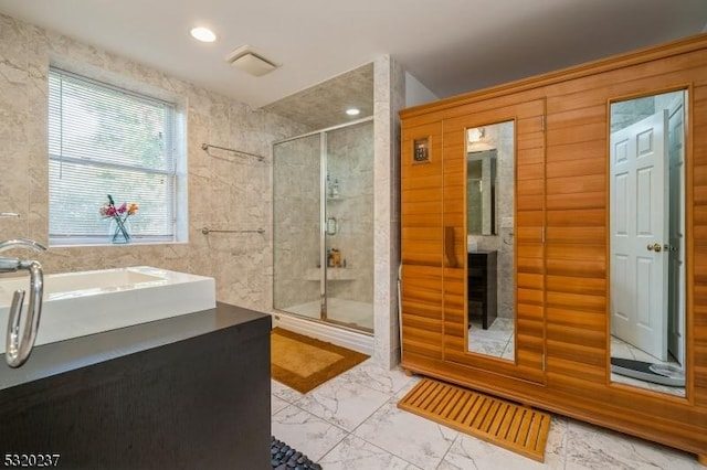 20 Crestview Ln, Sparta Twp, NJ 07871 - full bath with marble look tiles, a shower stall, and a sink