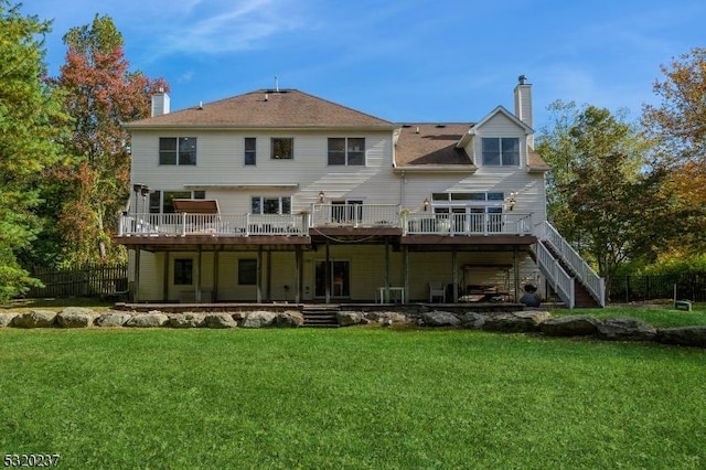 20 Crestview Ln, Sparta Twp, NJ 07871 - rear view of property featuring a chimney, a wooden deck, and stairway