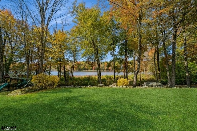 view of yard with a water view and a playground