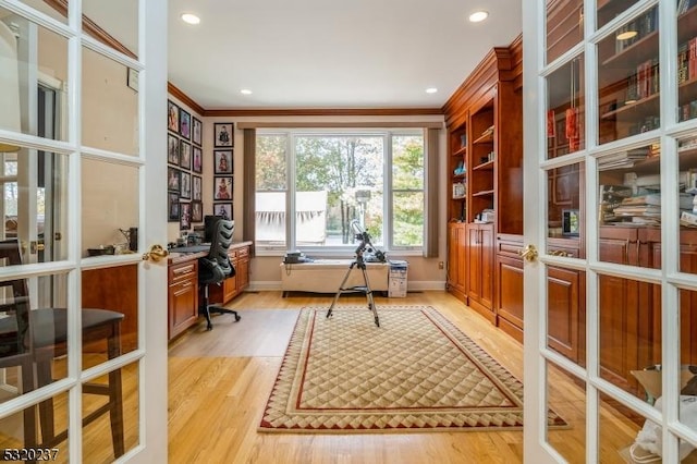 20 Crestview Ln, Sparta Twp, NJ 07871 - home office featuring ornamental molding, light wood finished floors, recessed lighting, and baseboards
