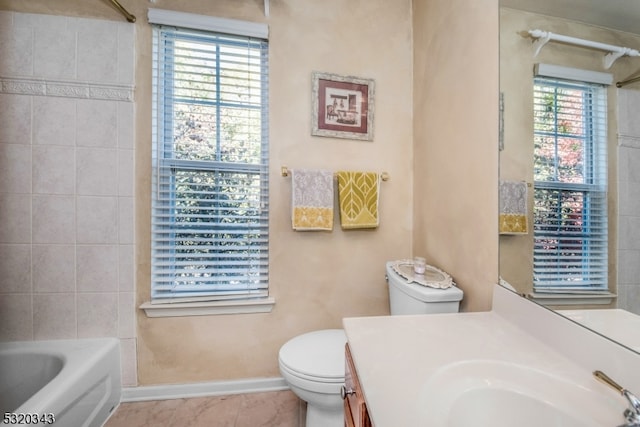 full bathroom with vanity, toilet, tile patterned floors, and separate shower and tub